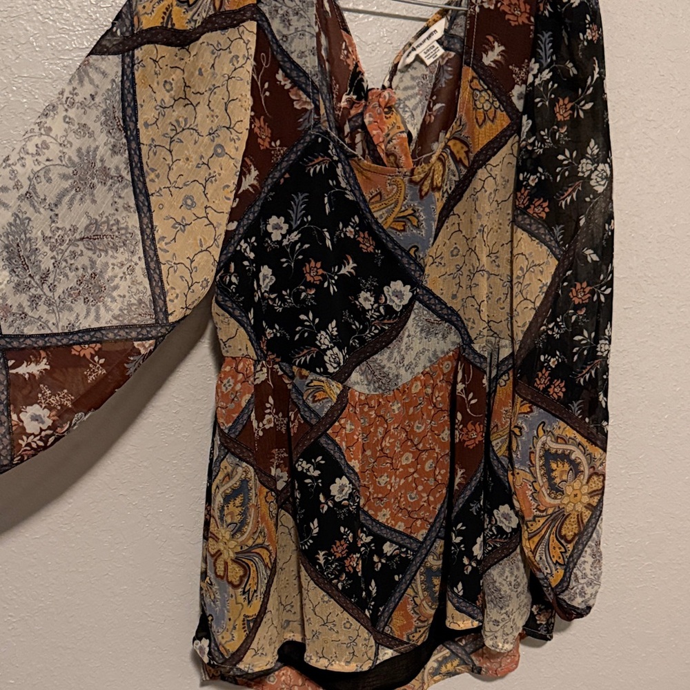 American Eagle Outfitters Patchwork Blouse - Brown, Black, Cream